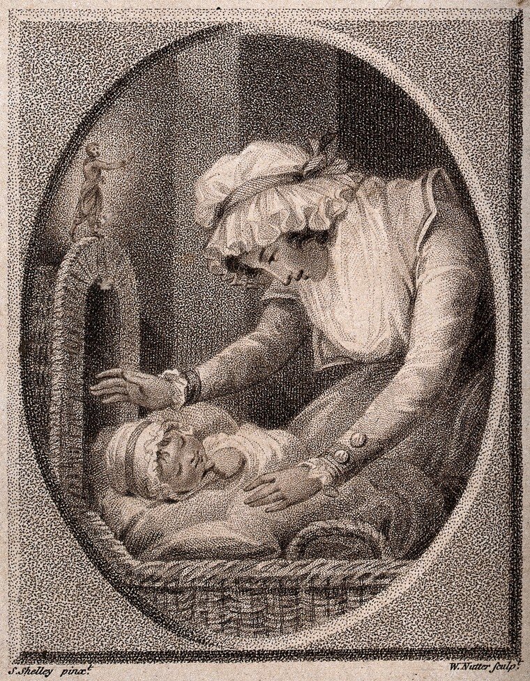 Kuva 2. Nuori äiti katsoo lempeästi kehdossa nukkuvaa lastaan. Pistetekniikalla toteutetun kaiverruksen on tehnyt vuonna 1789 W. Nutter, S. Shelleyn teoksen pohjalta. Kuvalähde: Wellcome Collections