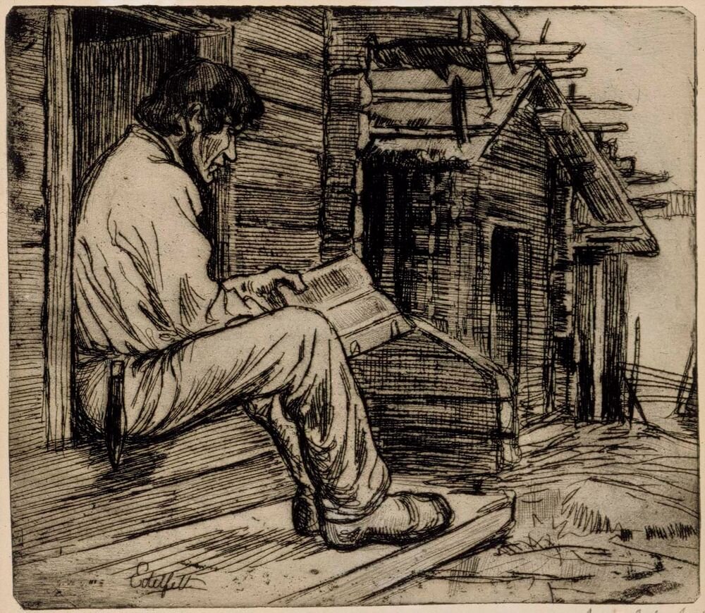 Kuva 1. Suomalainen talonpoika lukemassa raamattua (1900-1903). Albert Edelfelt. Kuvalähde: Ateneumin taidemuseo.