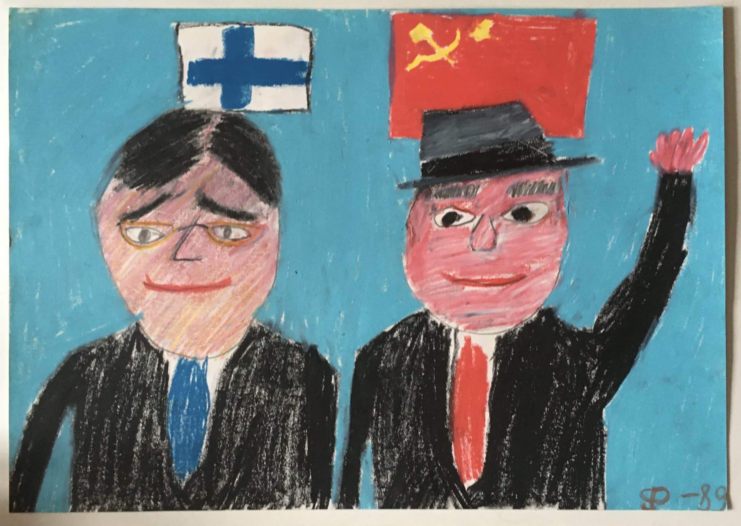 Viidesluokkalaisen Pekka Pitkälän (s. 1978) piirros Mihail Gorbatšovista ja Mauno Koivistosta vuoden 1989 vierailun yhteydessä.