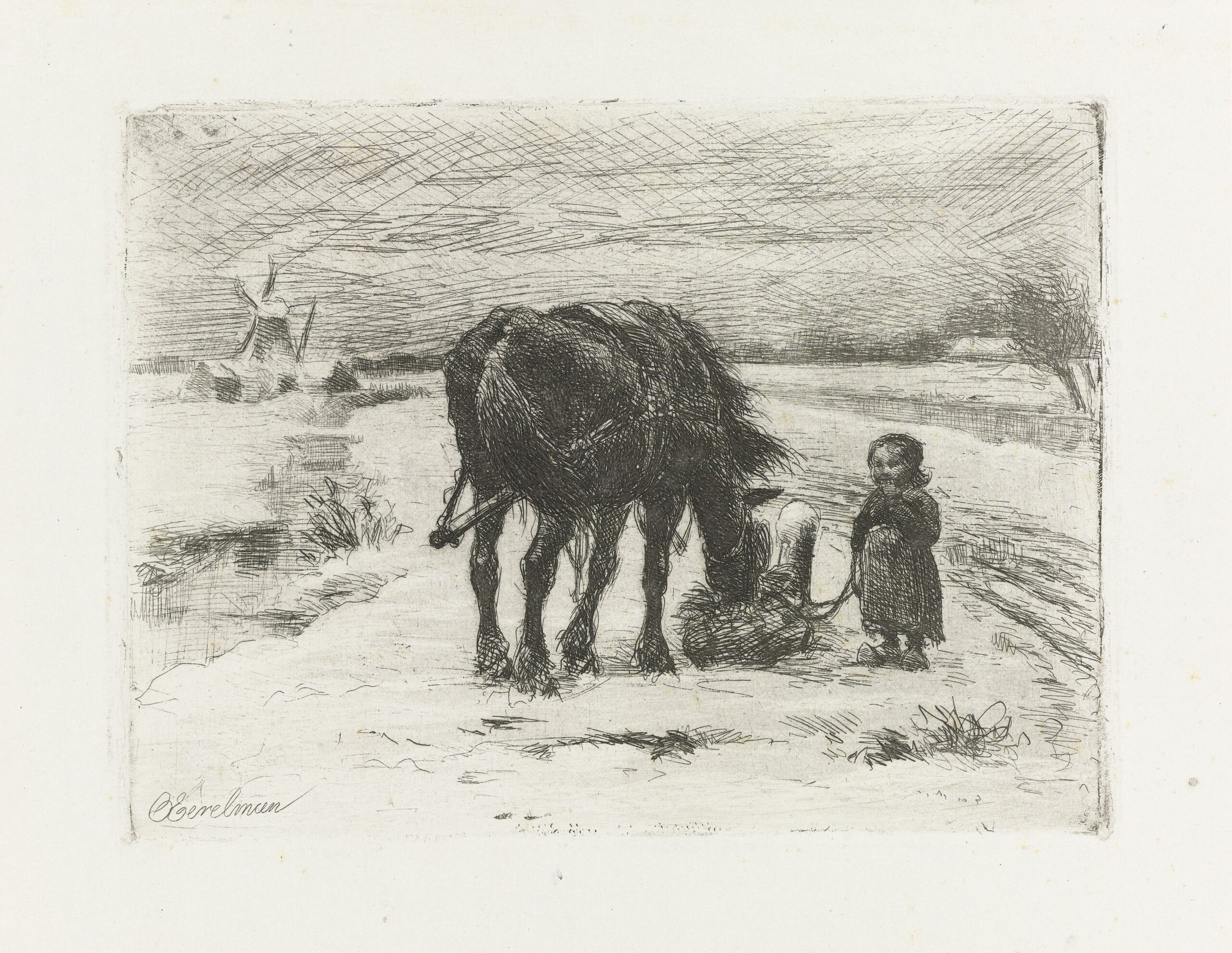 Kuva 2. Otto Eerelman taideteoksessa (1849–1892) lapsi tarjoaa työhevoselle olkia, sen ruokailuhetkeä samalla seuraten. Kuvalähde: http://hdl.handle.net/10934/RM0001.COLLECT.107680