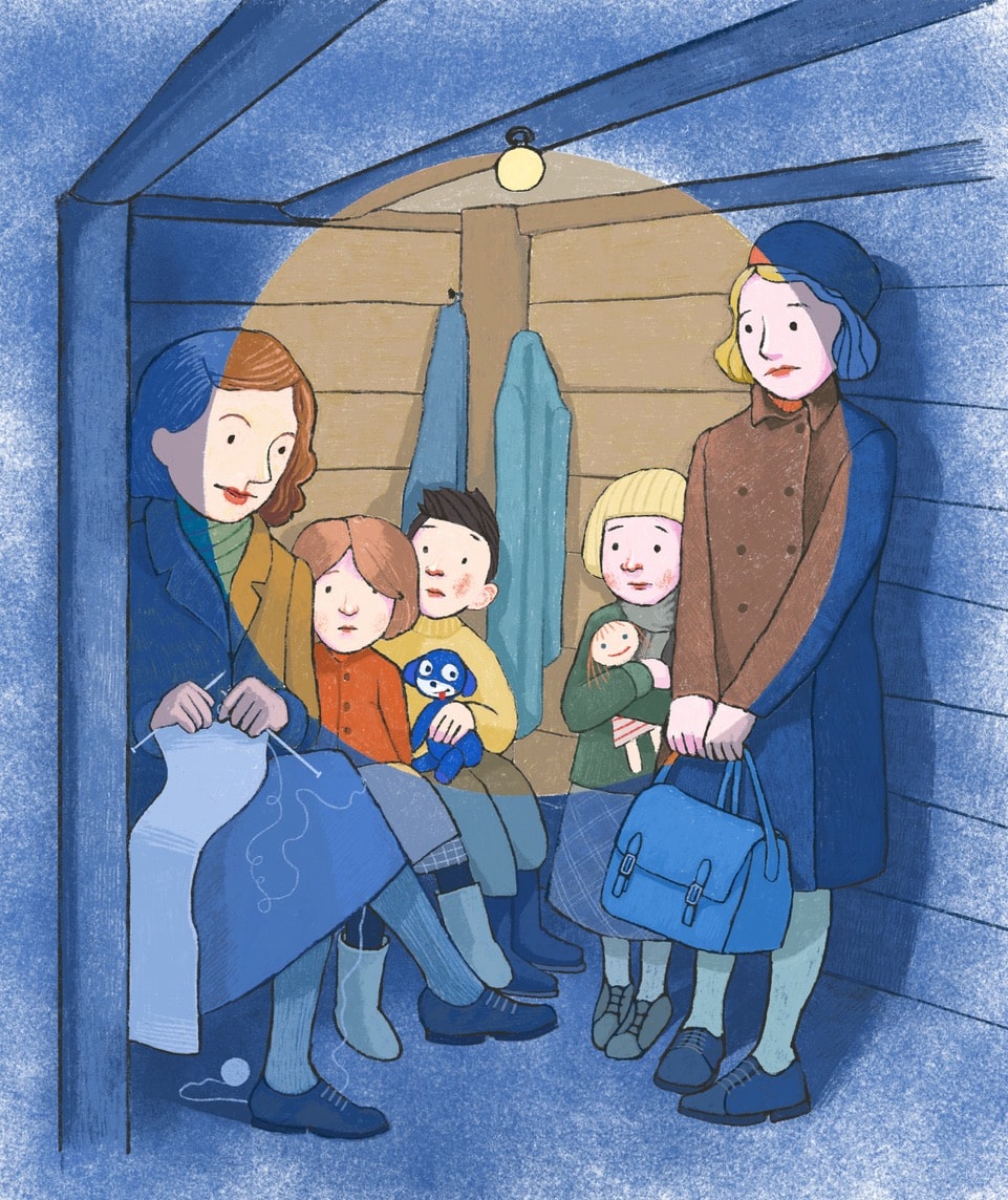 Kuvitusta Karoliina Suoniemen kirjasta Paperinarukengät. Kuvassa perhe istuu pommisuojassa.