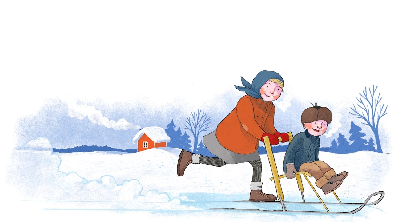 Kuvitusta Karoliina Suoniemen kirjasta Paperinarukengät. Kuvassa mennään potkukelkalla.